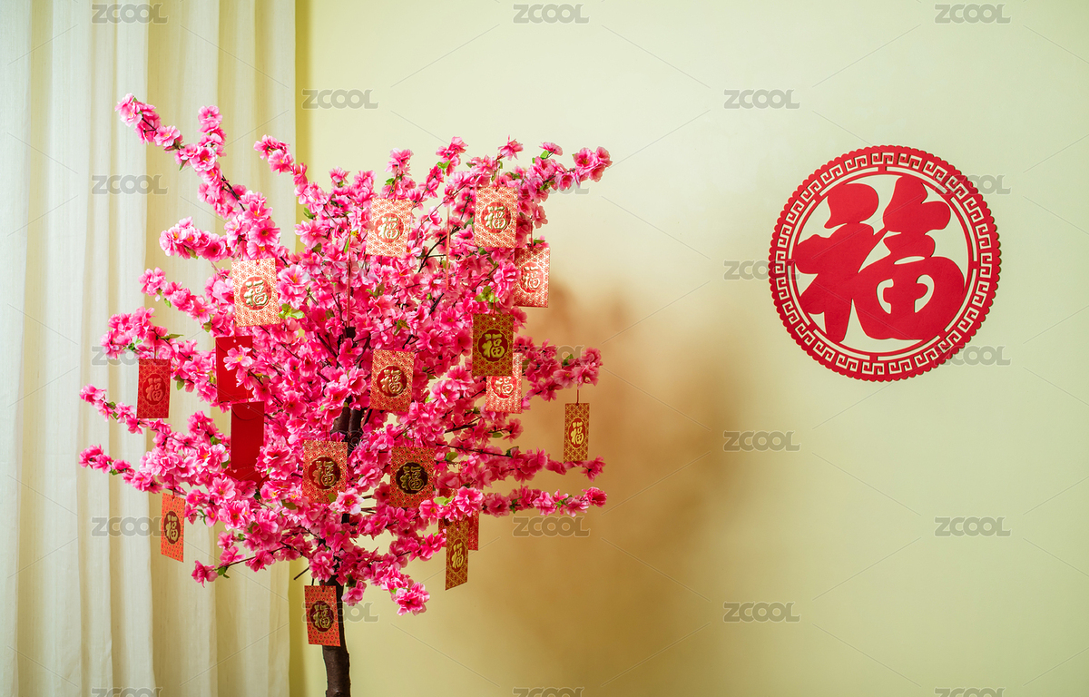室內(nèi)布置的春節(jié)裝飾桃花樹(shù)和福字紅包（主預(yù)覽-8100958） - 未分類(lèi) - 站酷設(shè)計(jì)師風(fēng)暴麗麗原創(chuàng)素材 - 站酷ZCOOL