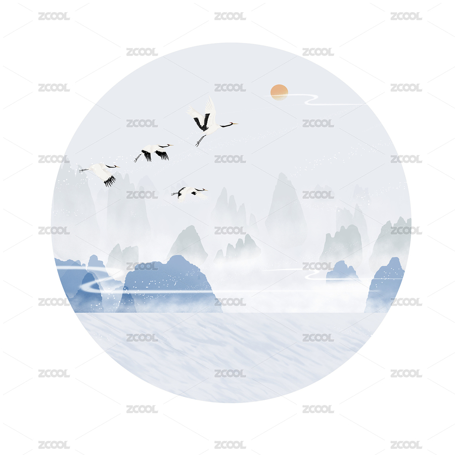 国潮中国风的仙鹤水墨远山山水画插画背景（主预览-7452399） - 未分类 - 站酷设计师Anniebugu原创素材 - 站酷ZCOOL