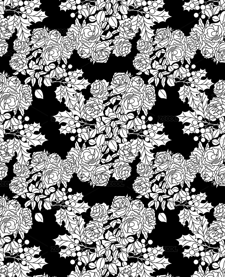 圣诞玫瑰冬青红果花朵黑白无缝图案（主预览-12370470） - 未分类 - 站酷设计师aaaamieya原创素材 - 站酷ZCOOL