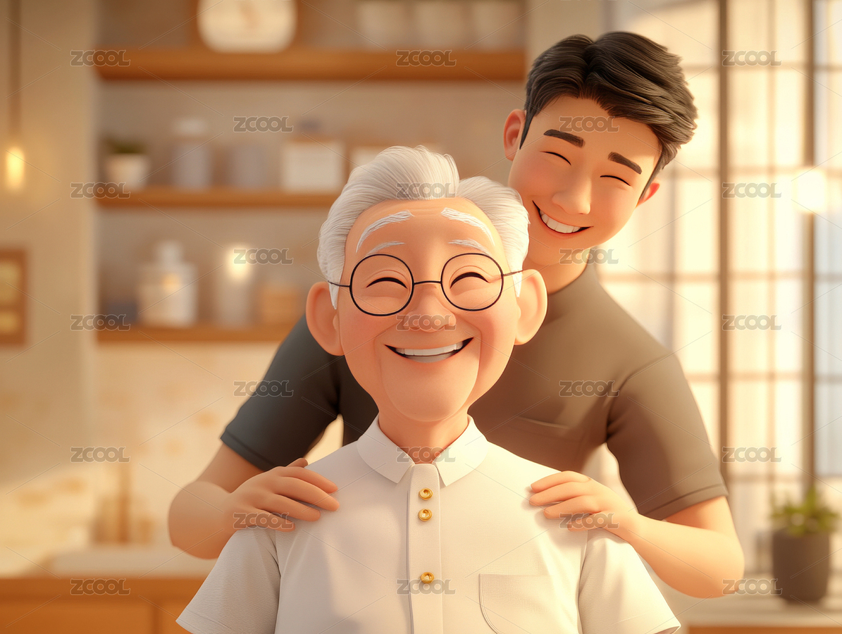 年輕人在給老人按摩肩膀3D卡通（主預(yù)覽-3140290） - 未分類 - 站酷設(shè)計(jì)師塵木1原創(chuàng)素材 - 站酷ZCOOL