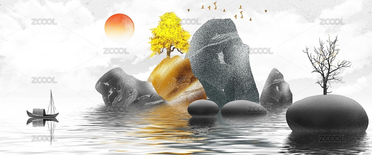 手繪創(chuàng)意金色發(fā)財山水意境裝飾畫（主預覽-7831369） - 未分類 - 站酷設計師心靈藝坊原創(chuàng)素材 - 站酷ZCOOL