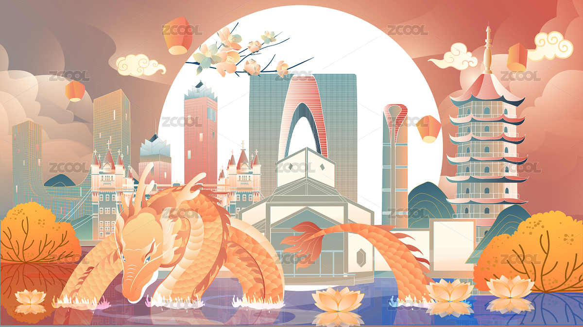 龙年金龙出水苏州建筑竖版矢量插画（主预览-7275741） - 未分类 - 站酷设计师Connie康妮原创素材 - 站酷ZCOOL