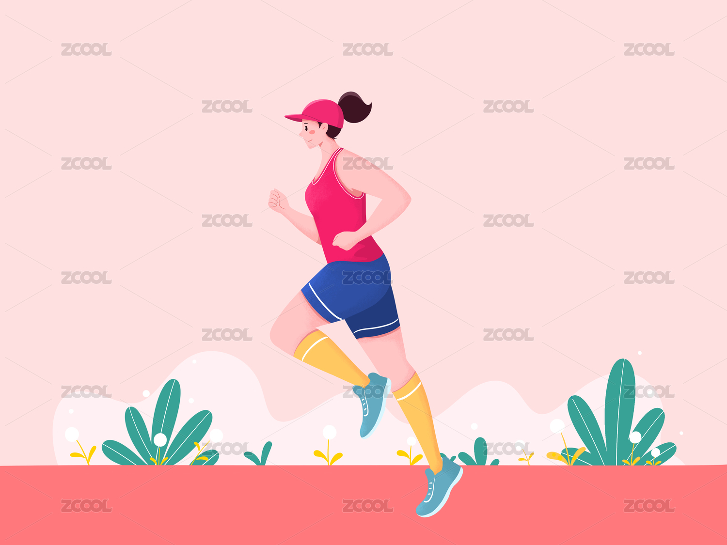 扁平插画青年女性在跑步的侧面