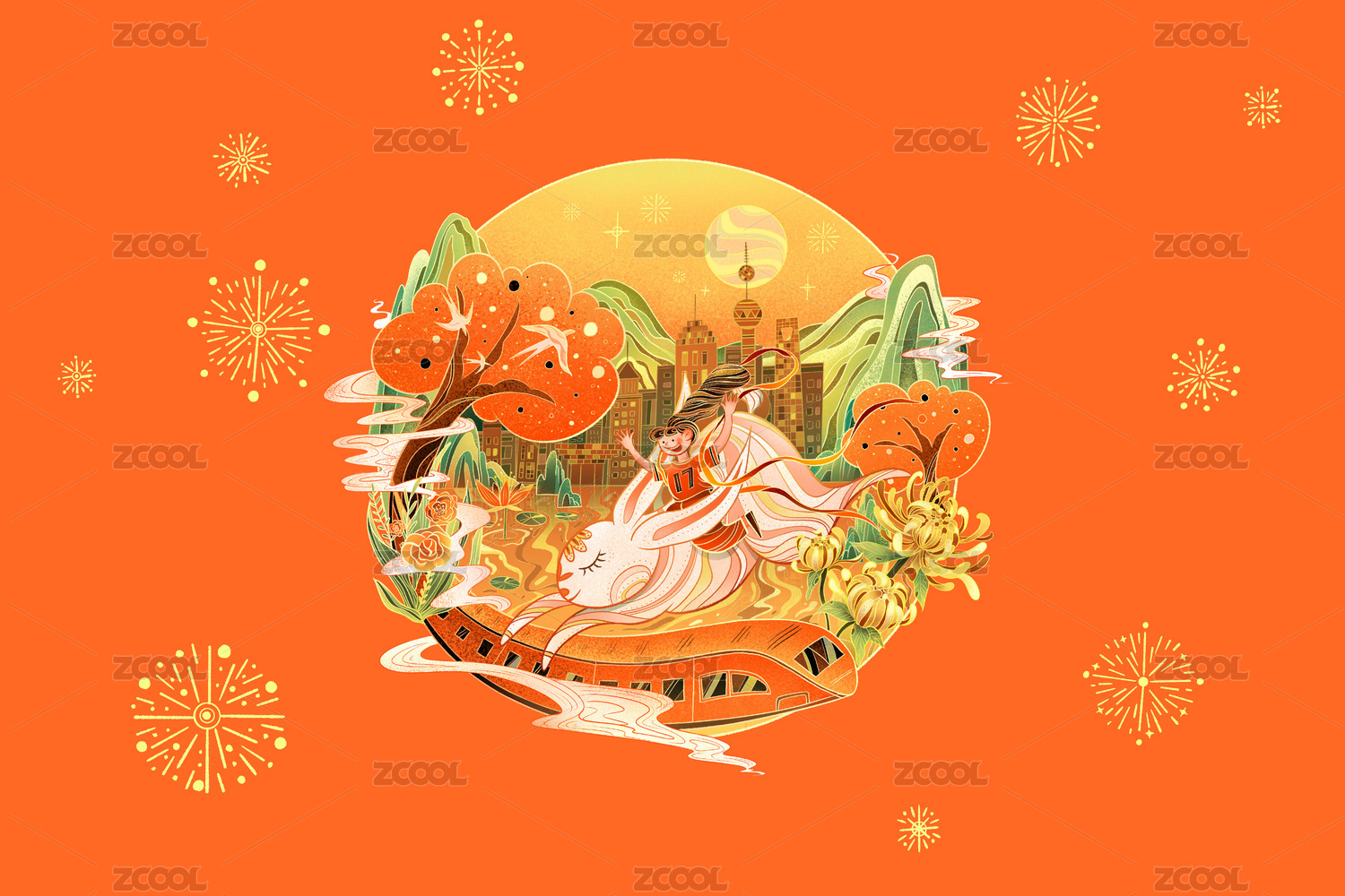 红色背景下的中秋节月饼礼盒包装插画