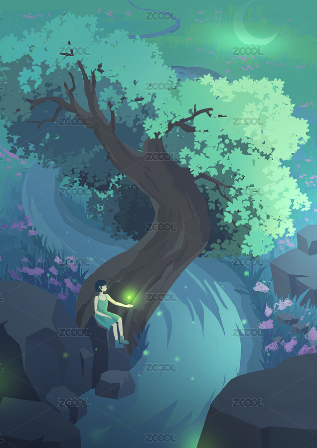 夏天的夜晚樹下女孩與螢火蟲的互動（主預覽-8633150） - 未分類 - 站酷設計師boyinbing原創(chuàng)素材 - 站酷ZCOOL