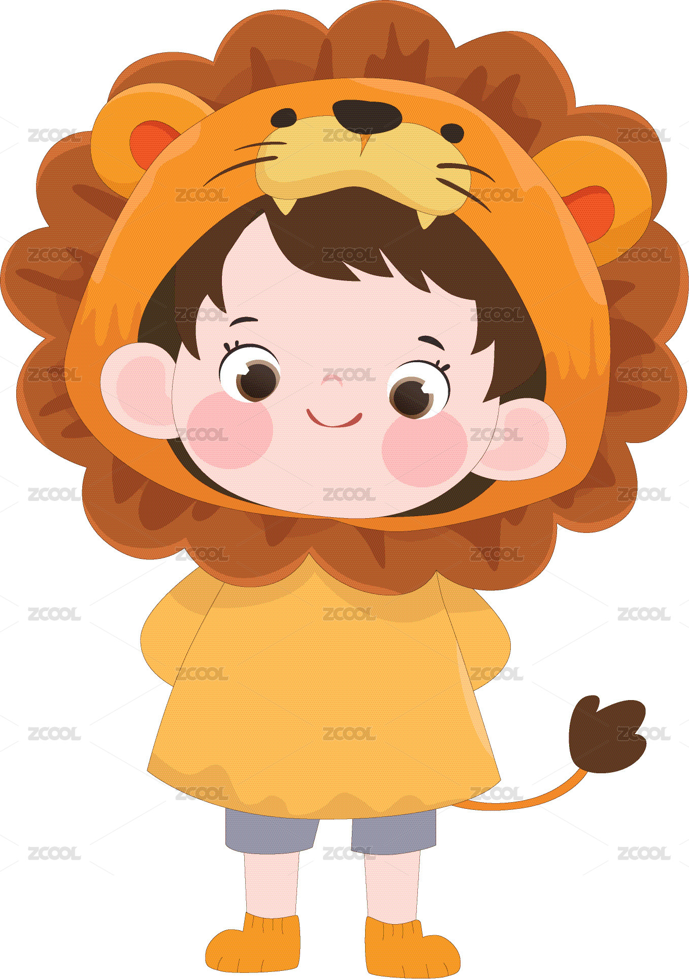 男孩穿卡通玩偶服狮子睡衣可爱动物卡片插画