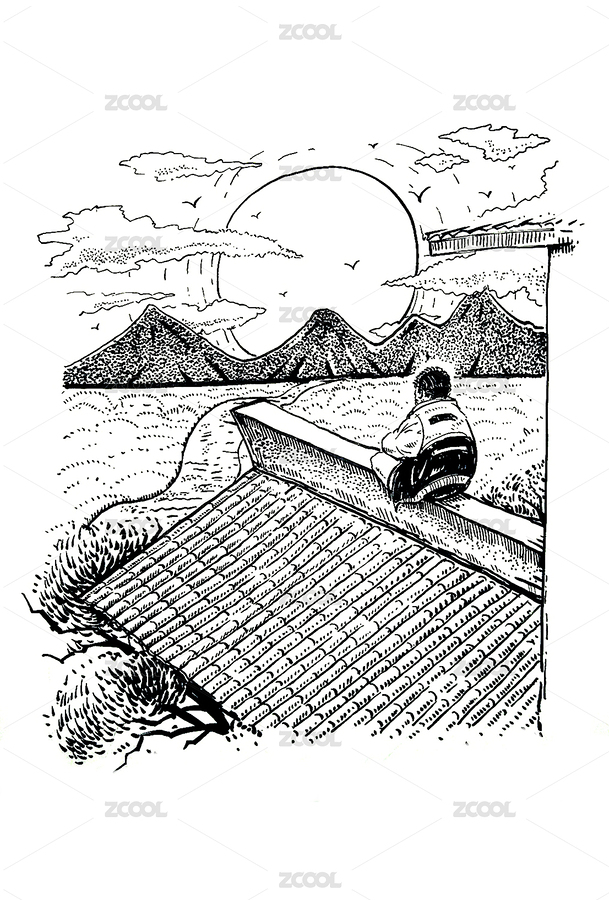 夕陽下眺望遠方的男孩，黑白插畫（主預(yù)覽-222734） - 未分類 - 站酷設(shè)計師李盛文原創(chuàng)素材 - 站酷ZCOOL