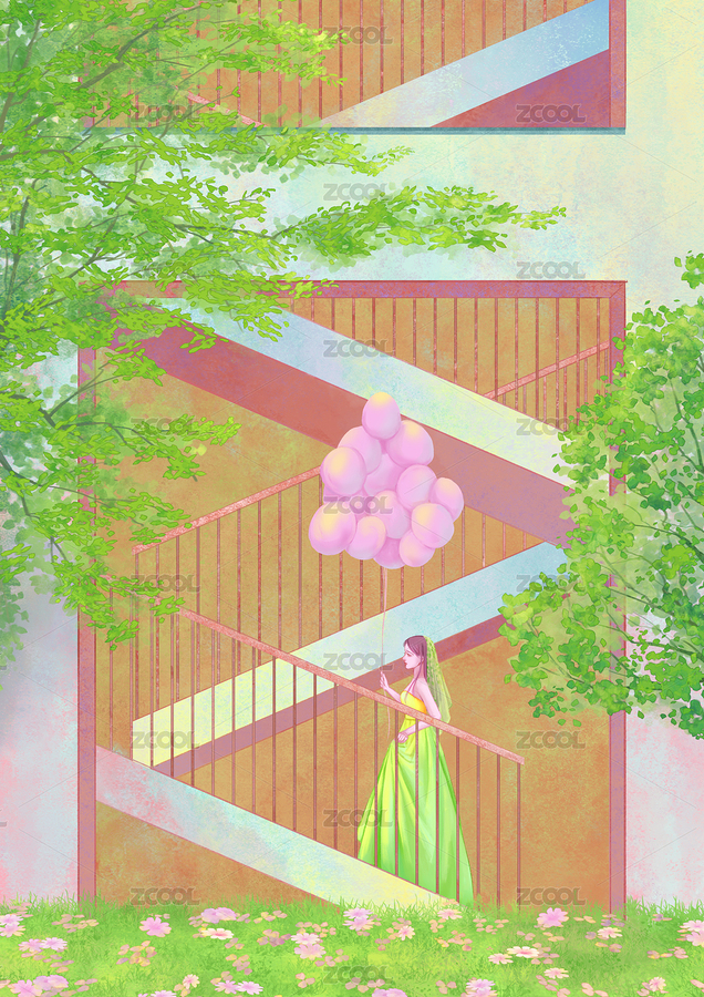 手拿氣球走上樓梯穿婚紗的側(cè)面女人（主預(yù)覽-3224045） - 未分類(lèi) - 站酷設(shè)計(jì)師卡樂(lè)筠原創(chuàng)素材 - 站酷ZCOOL