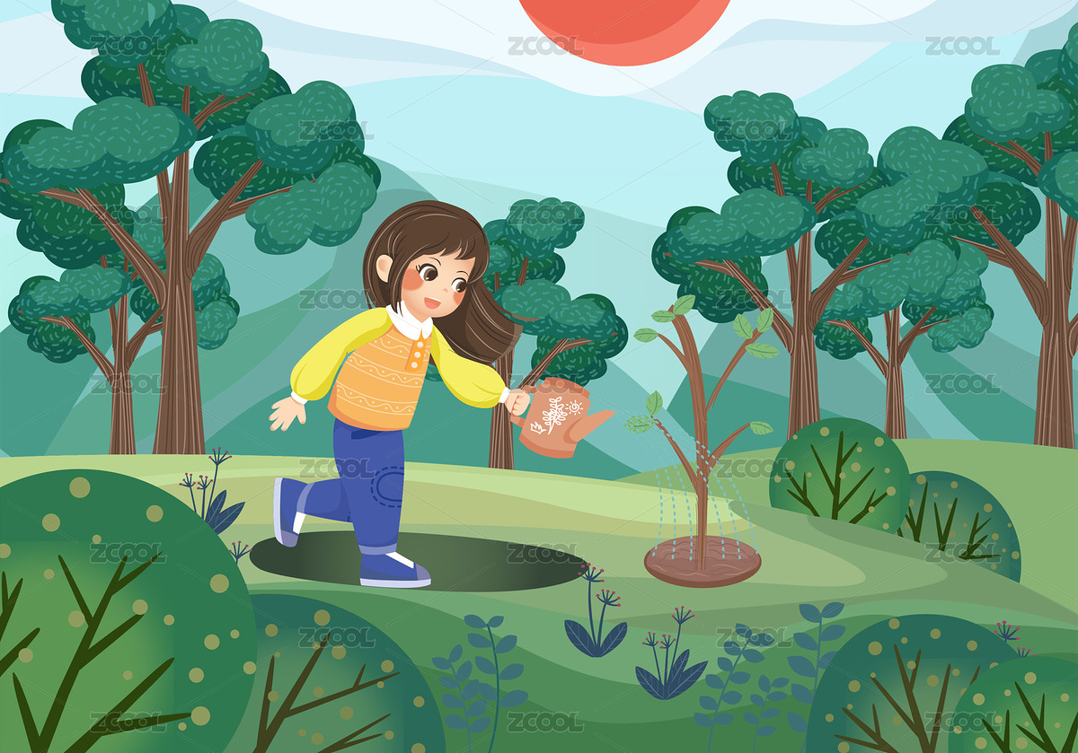 植樹節(jié)女孩給小樹澆水（主預覽-7992155） - 未分類 - 站酷設計師Jane_Todd原創(chuàng)素材 - 站酷ZCOOL