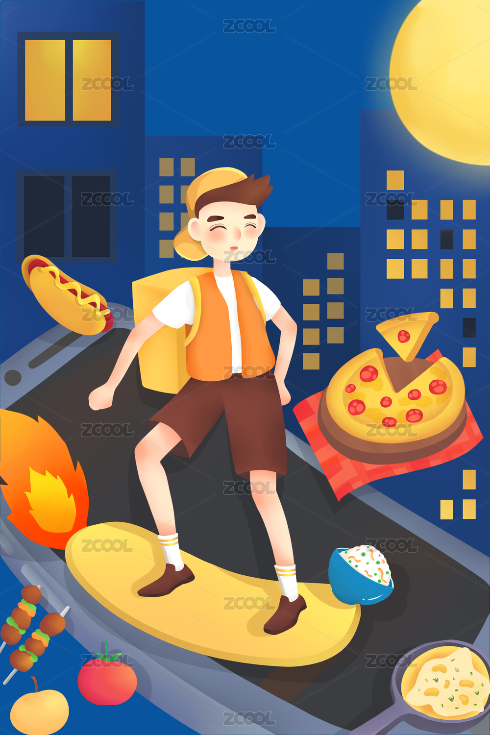 外卖美食APP封面H5手绘插画海报