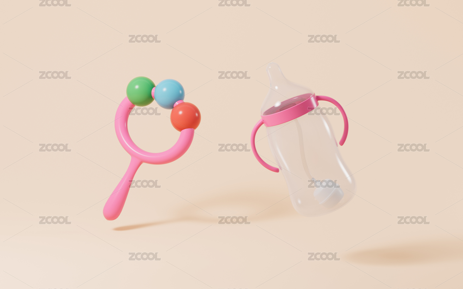 卡通空奶瓶和儿童玩具3D渲染