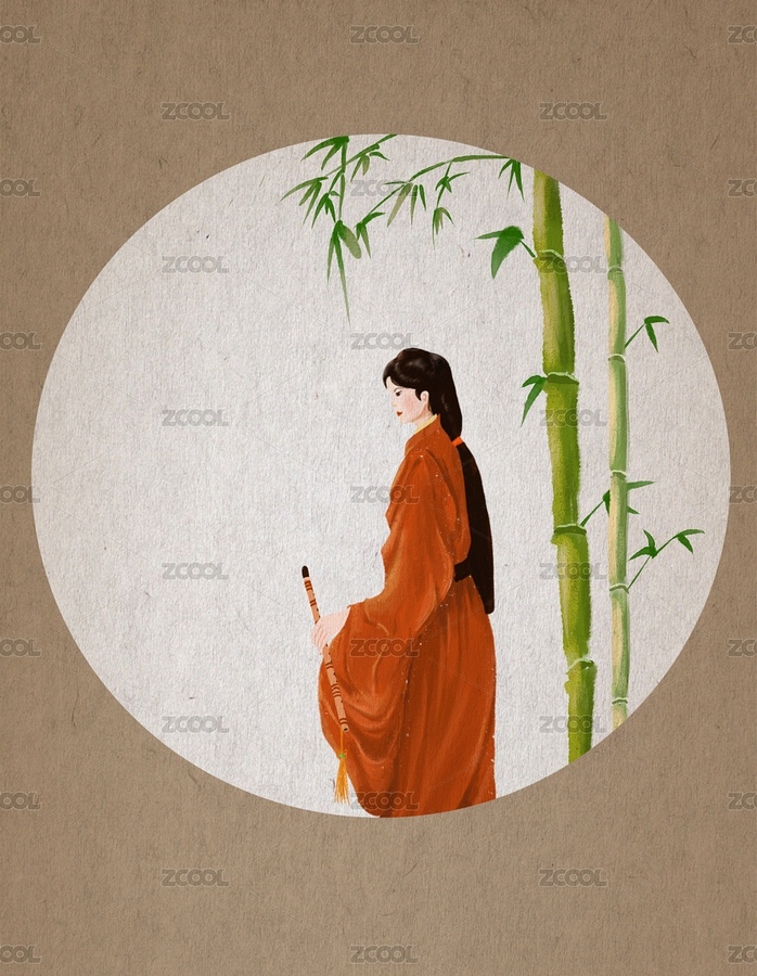 水墨紙紋上的竹子和拿笛子的紅衣仕女（主預(yù)覽-5123383） - 未分類(lèi) - 站酷設(shè)計(jì)師21的插畫(huà)生活原創(chuàng)素材 - 站酷ZCOOL