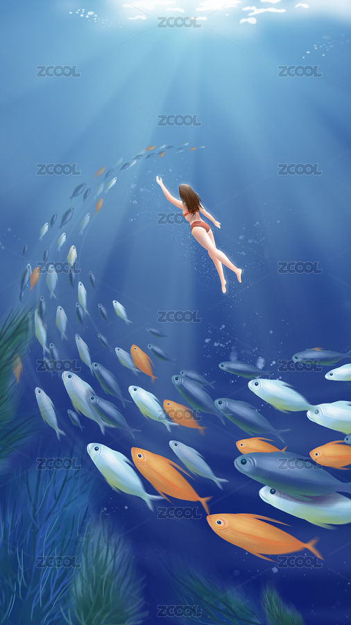 海底的女潛水員與魚群插畫（主預(yù)覽-324688） - 未分類 - 站酷設(shè)計(jì)師玖菇莨原創(chuàng)素材 - 站酷ZCOOL