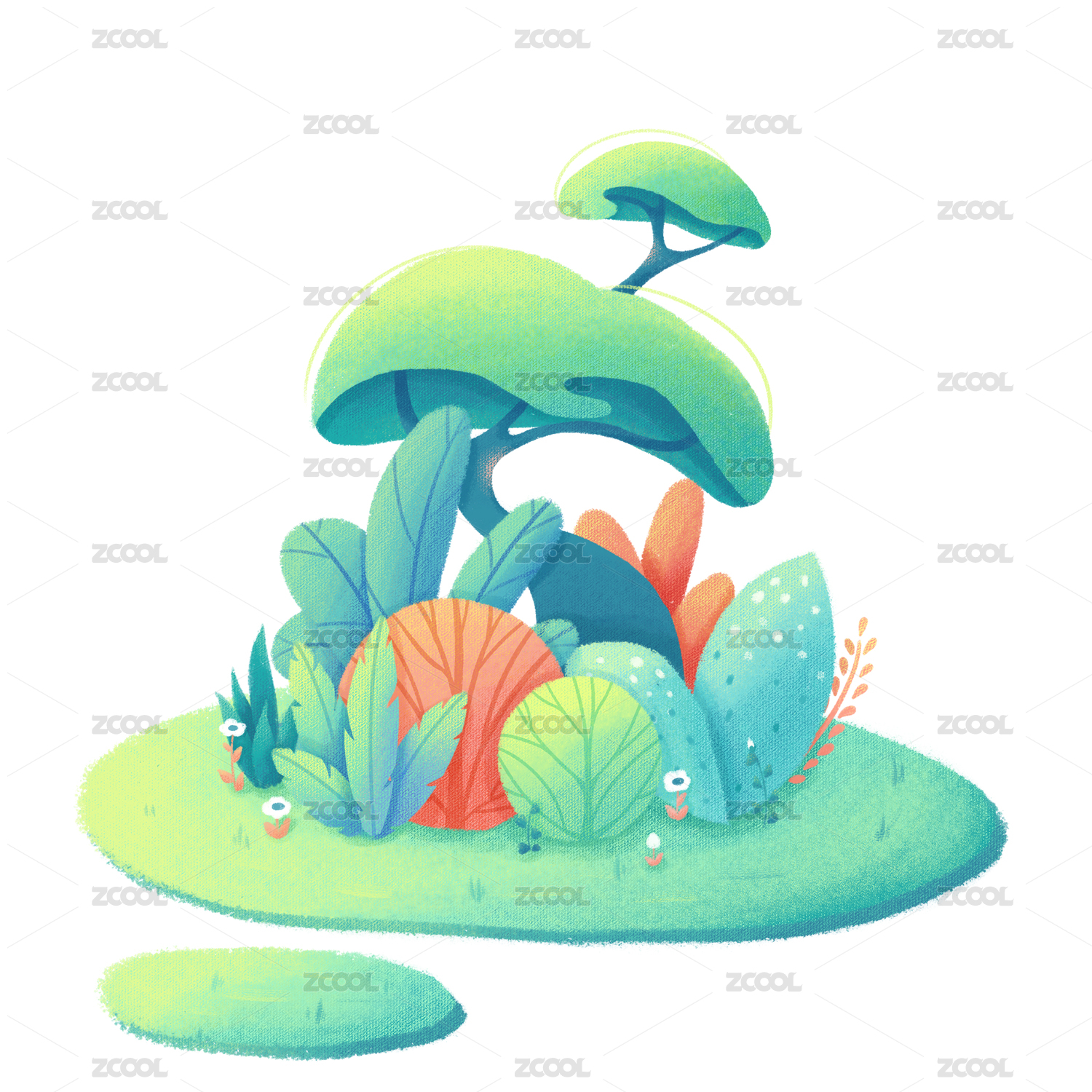 清新可爱绿色叶子小森林植物绘本风插画