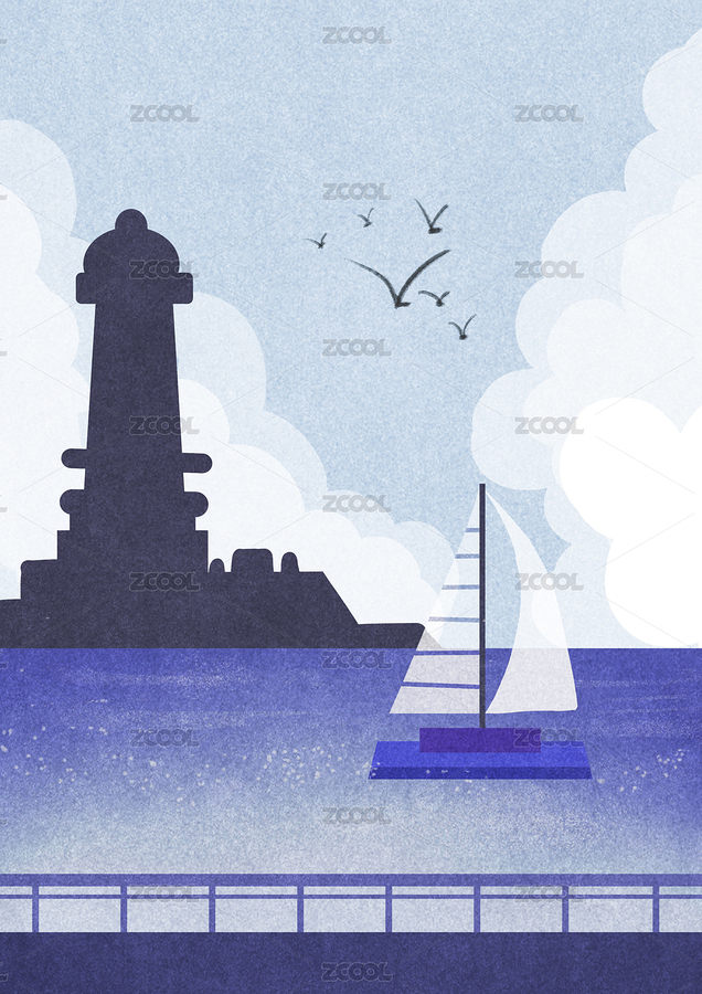 蓝色治愈船舶场景插画（主预览-8495390） - 未分类 - 站酷设计师爱画画的Yyy丶原创素材 - 站酷ZCOOL