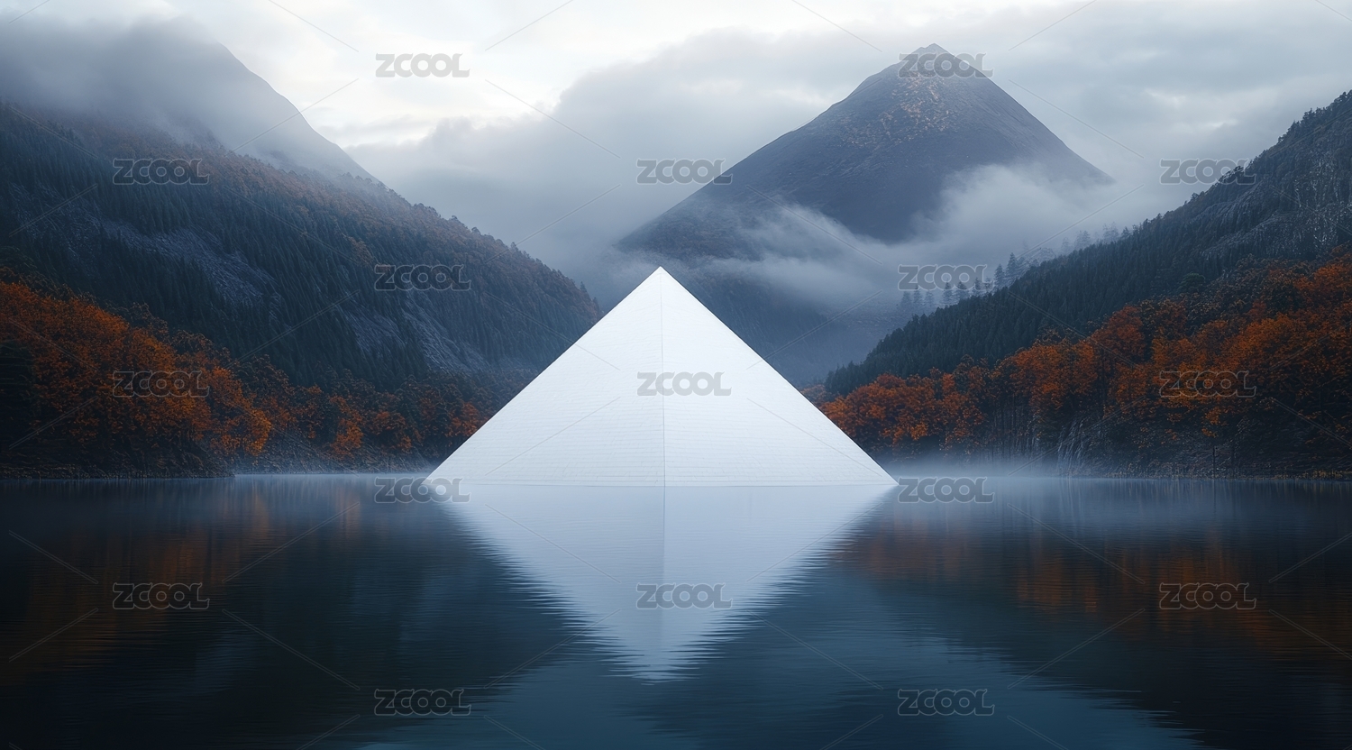 湖中白色金字塔景观