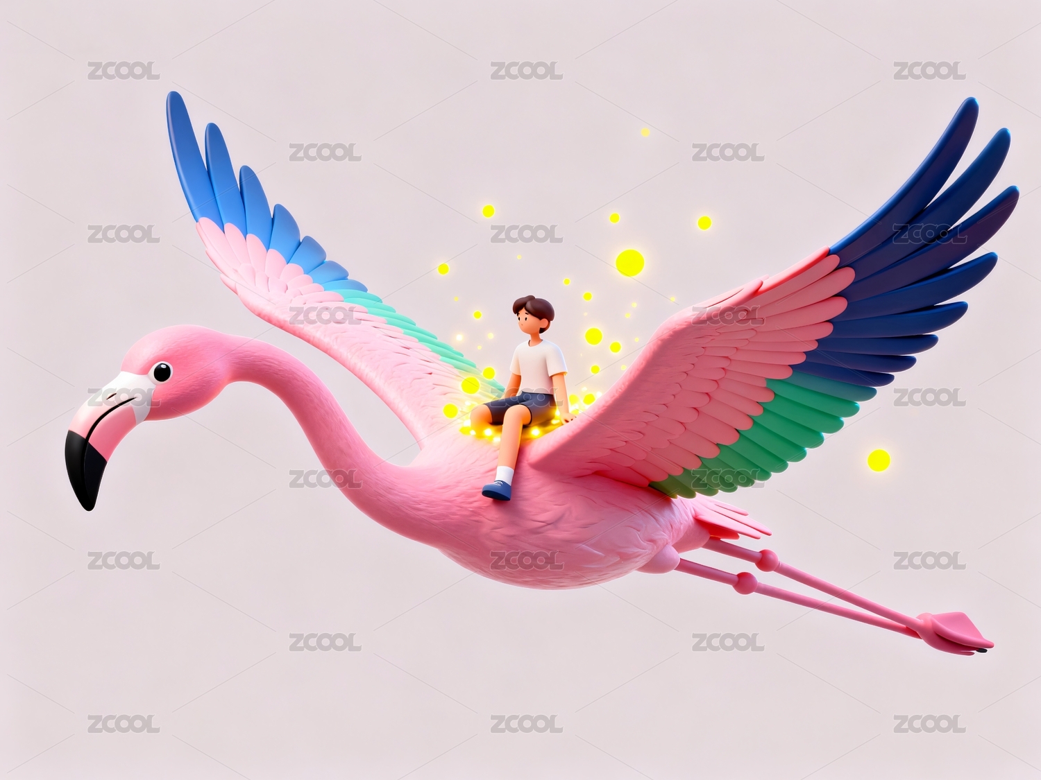 骑乘火烈鸟飞行的男孩