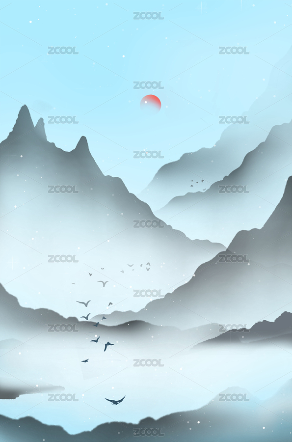 遠(yuǎn)山云海上有一輪太陽(yáng)，唯美的水墨風(fēng)景插畫（主預(yù)覽-4564647） - 未分類 - 站酷設(shè)計(jì)師人間人間1原創(chuàng)素材 - 站酷ZCOOL