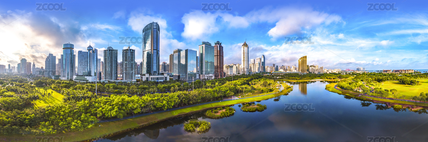 Panorama View of Urban Landscape. Binhai CBD and Evergreen Park Area of Haikou City, Hainan province, China