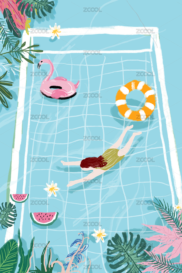一个在带有游泳圈的泳池里游泳的女孩，夏日概念手绘插画（主预览-7783218） - 未分类 - 站酷设计师绘画狂热原创素材 - 站酷ZCOOL