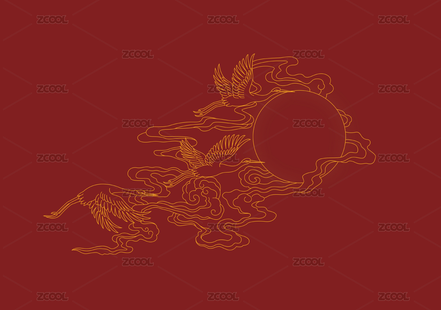 传统仙鹤祥云图案红色背景