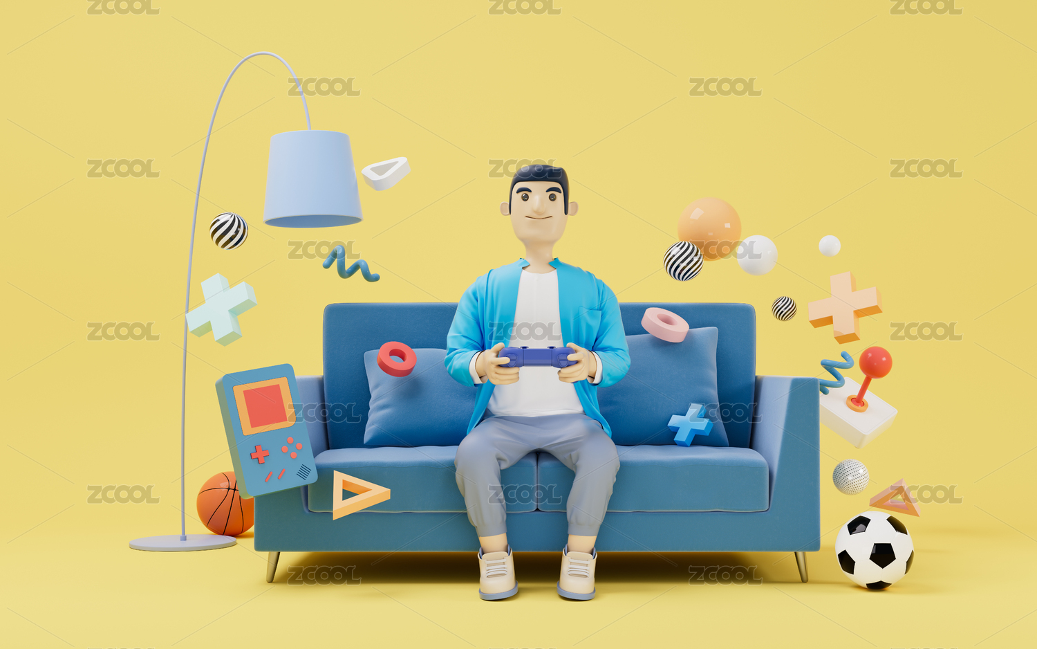 沙发上玩游戏的卡通男子3D渲染