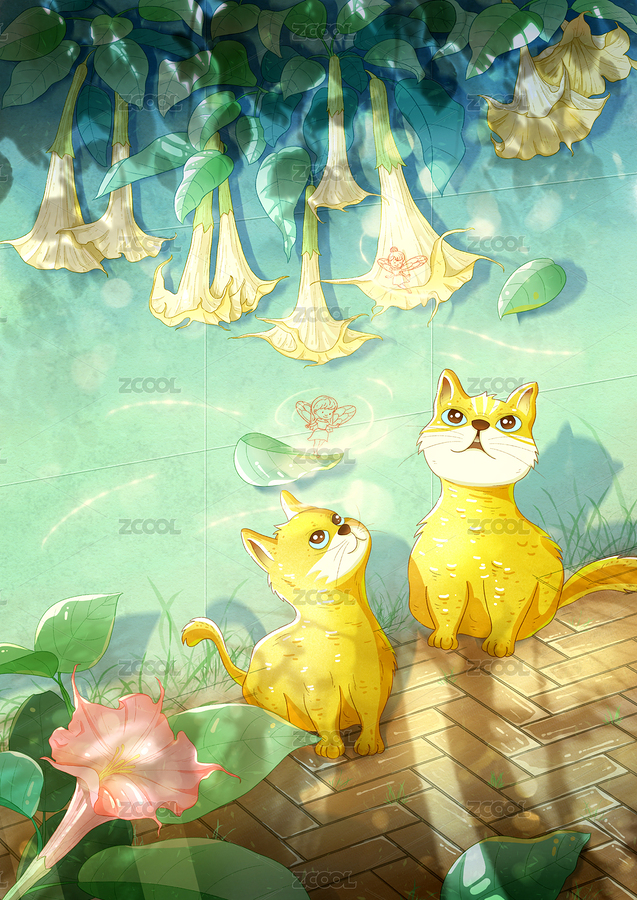 墻角的貓?jiān)诼恿_花墻下與精靈可愛治愈插畫（主預(yù)覽-4848405） - 未分類 - 站酷設(shè)計(jì)師瞎畫畫的雯子原創(chuàng)素材 - 站酷ZCOOL