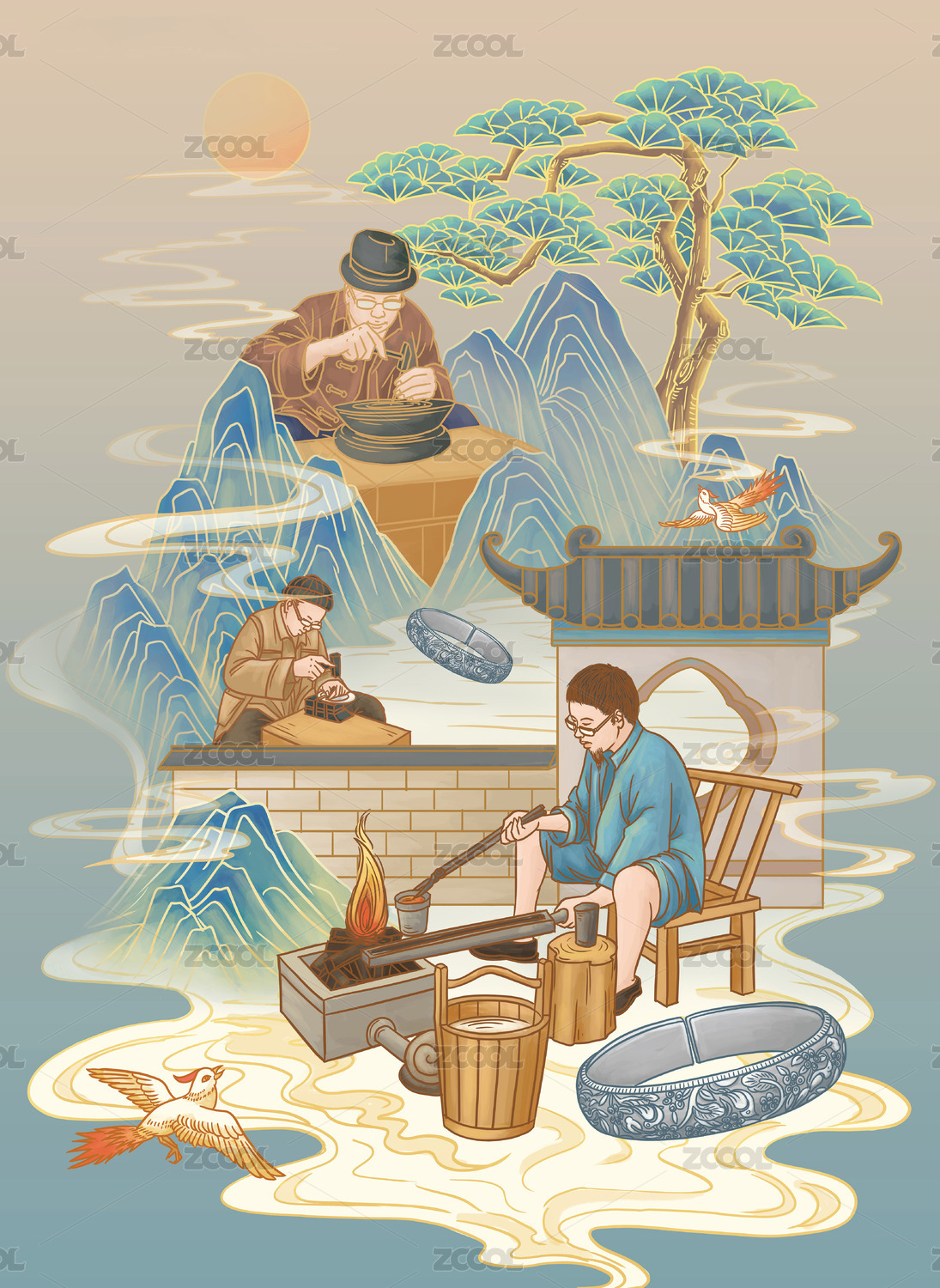 古代人手工银饰工艺插画