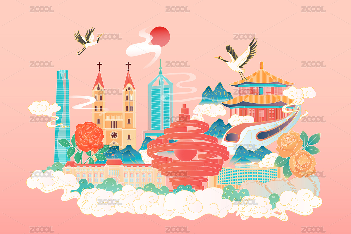 青岛中国风城市矢量插画（主预览-7469541） - 未分类 - 站酷设计师jingzheer原创素材 - 站酷ZCOOL