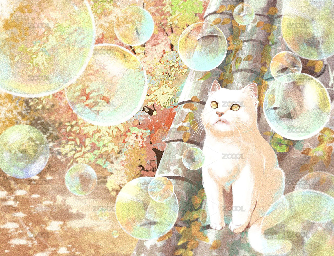 秋天貓在屋頂上看泡泡，板繪（主預(yù)覽-4067291） - 未分類 - 站酷設(shè)計師愛吃雞蛋的番茄原創(chuàng)素材 - 站酷ZCOOL