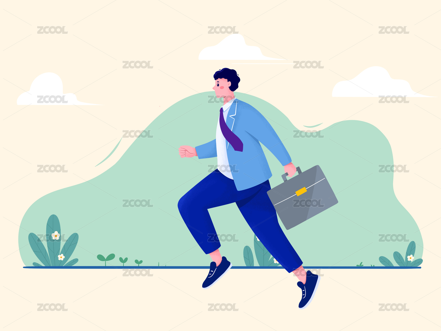 扁平插画职场男性在跑步去上班