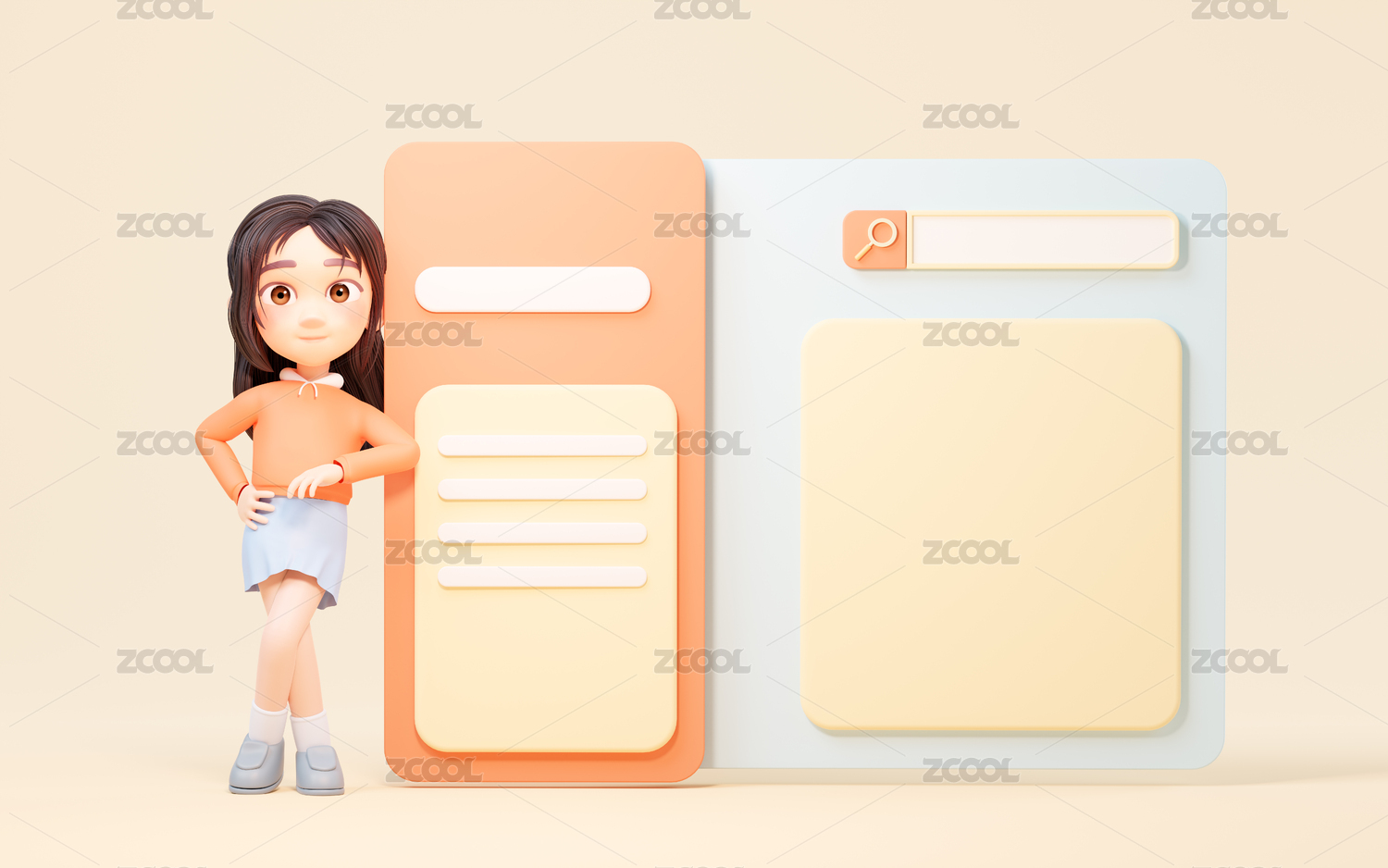 卡通女孩与网页表格3D渲染
