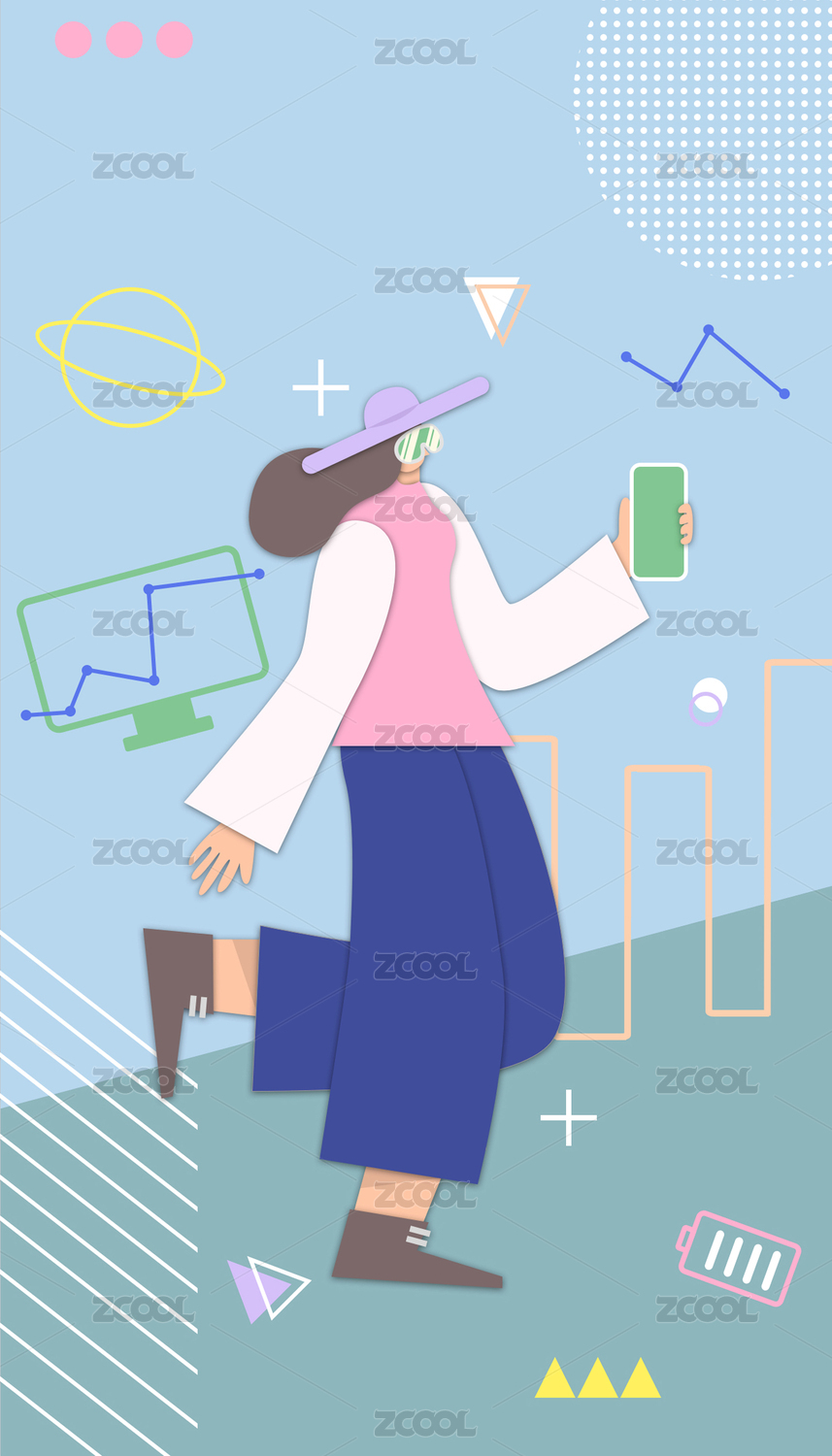 女人看手机科技互联网扁平剪纸风运营插画