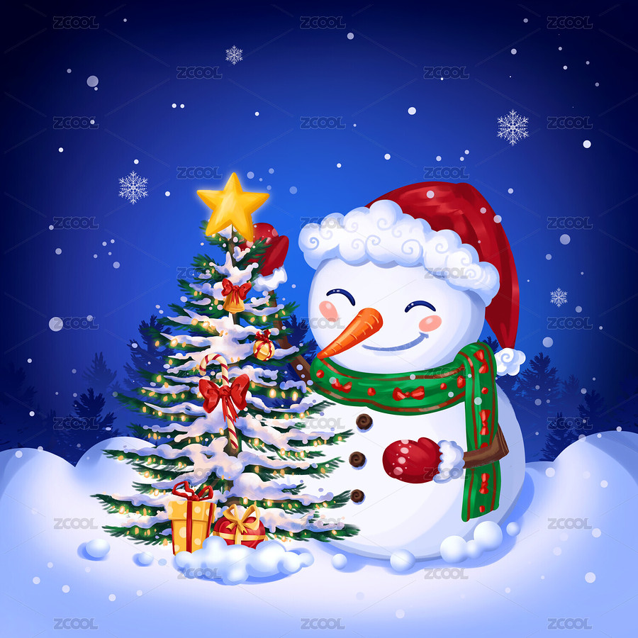 庆祝圣诞节的雪人和装扮好的圣诞树（主预览-8467969） - 未分类 - 站酷设计师弍犬原创素材 - 站酷ZCOOL