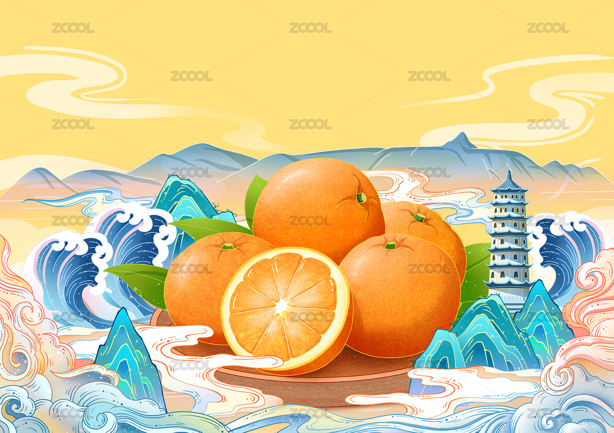 冰糖橙山水云霧建筑國風(fēng)手繪插畫（主預(yù)覽-447941） - 未分類 - 站酷設(shè)計師八月江水品牌設(shè)計原創(chuàng)素材 - 站酷ZCOOL