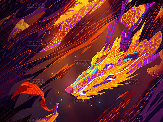 天空云层中光束照射的中国神龙插画