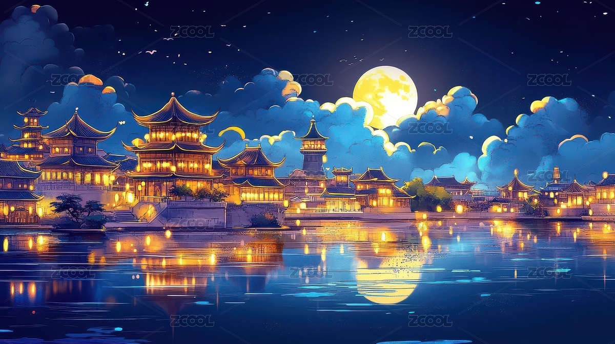 月夜古建筑燈火輝煌映水中（主預覽-10128782） - 未分類 - 站酷設計師隨機點子王原創(chuàng)素材 - 站酷ZCOOL