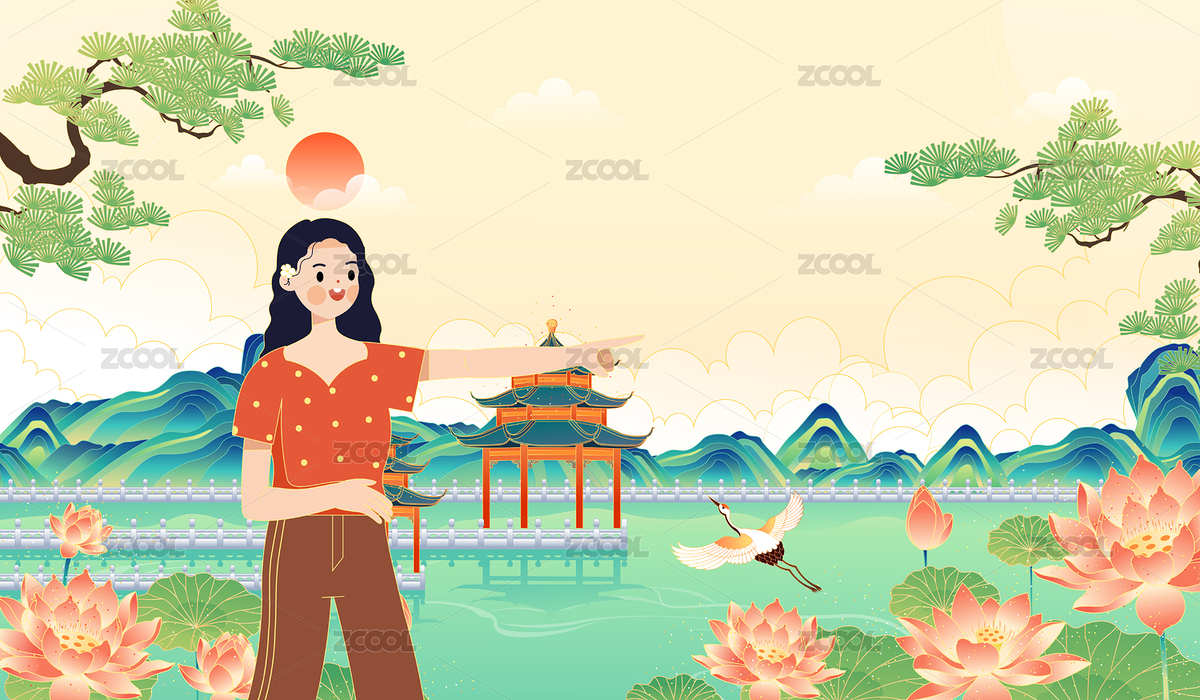 在江南美麗的風(fēng)景旅行的女孩矢量插畫(huà)（主預(yù)覽-8041976） - 未分類(lèi) - 站酷設(shè)計(jì)師晚風(fēng)在畫(huà)畫(huà)原創(chuàng)素材 - 站酷ZCOOL