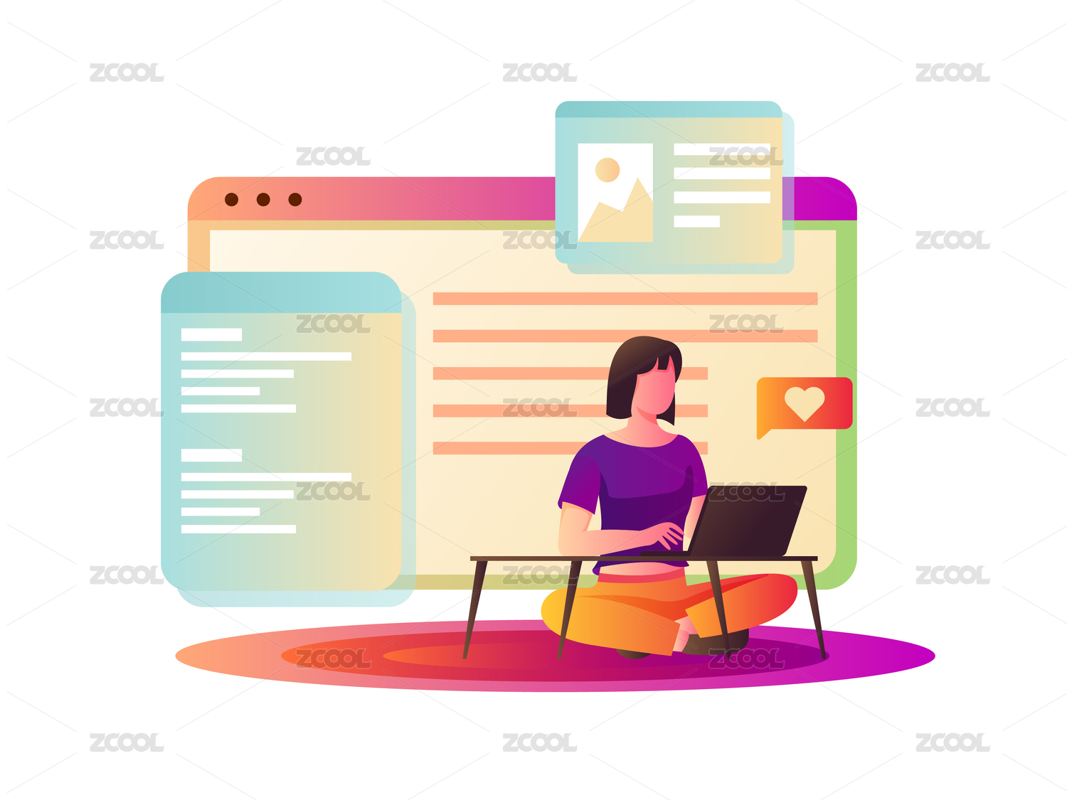 女生坐在网页面前办公矢量插画