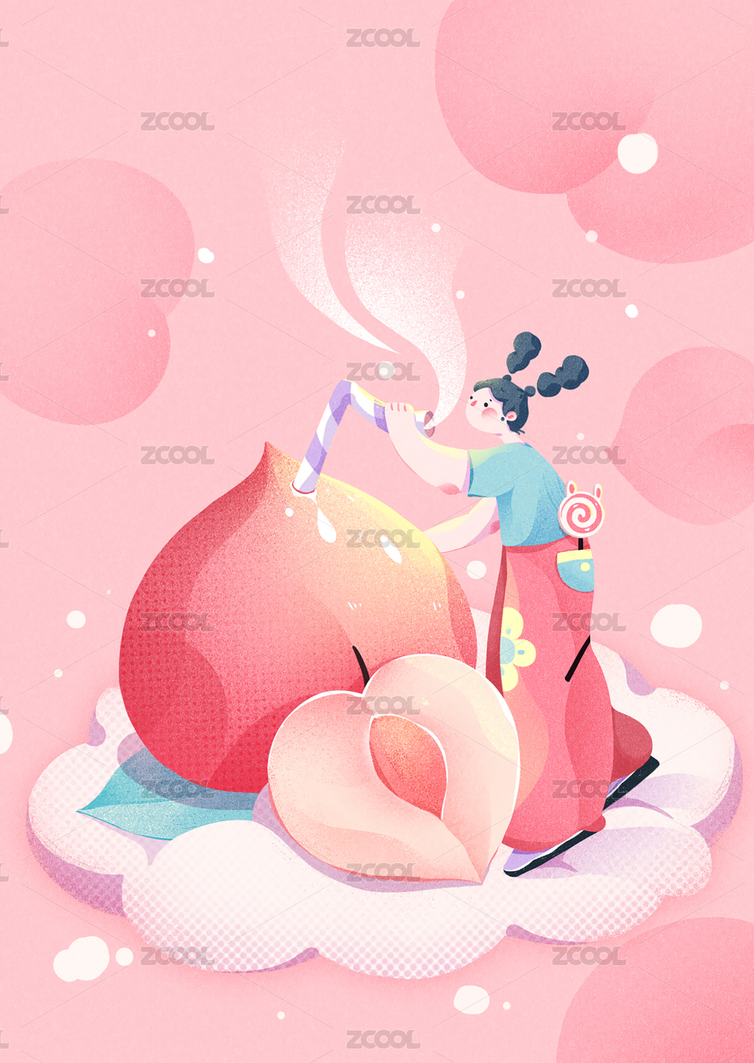 原创桃子果味扁平插画海报