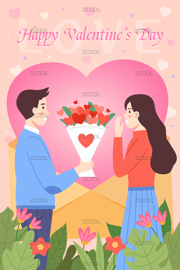 男人拿着爱心花朵向女人示爱情人节快乐海报（主预览-8213257） - 未分类 - 站酷设计师Ai肖博士原创素材 - 站酷ZCOOL