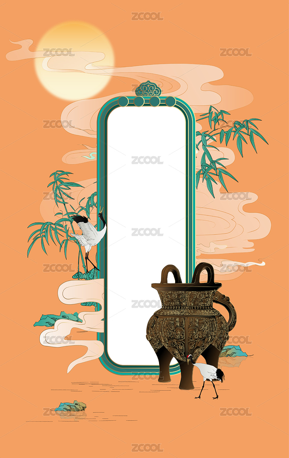 古風(fēng)祥云仙鶴竹青銅鼎手繪矢量插畫海報(bào)模板（主預(yù)覽-8141903） - 未分類 - 站酷設(shè)計(jì)師獵意品牌設(shè)計(jì)原創(chuàng)素材 - 站酷ZCOOL