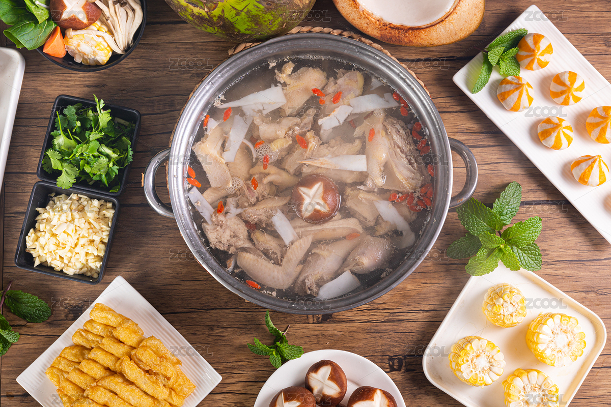 放在桌上的椰子鸡火锅和各种新鲜食材俯拍（主预览-8783677） - 未分类 - 站酷设计师丫姐原创素材 - 站酷ZCOOL