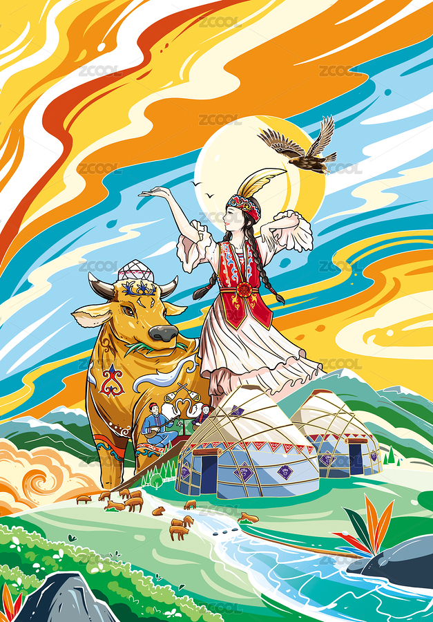 新疆維吾爾族女子牦牛風(fēng)景手繪插畫（主預(yù)覽-6348391） - 未分類 - 站酷設(shè)計(jì)師八月江水品牌設(shè)計(jì)原創(chuàng)素材 - 站酷ZCOOL