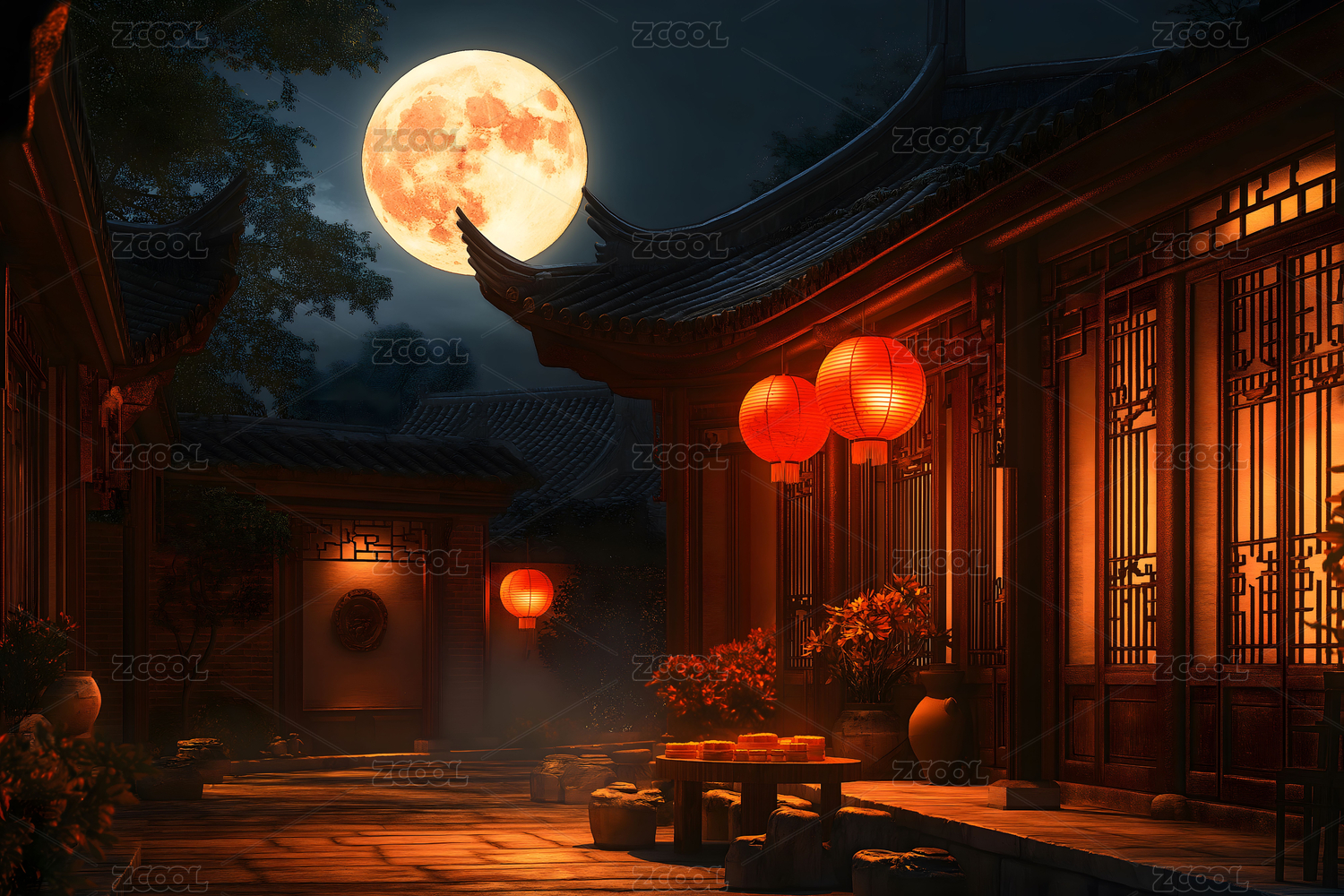 月到中秋合家团圆氛围感艺术插画