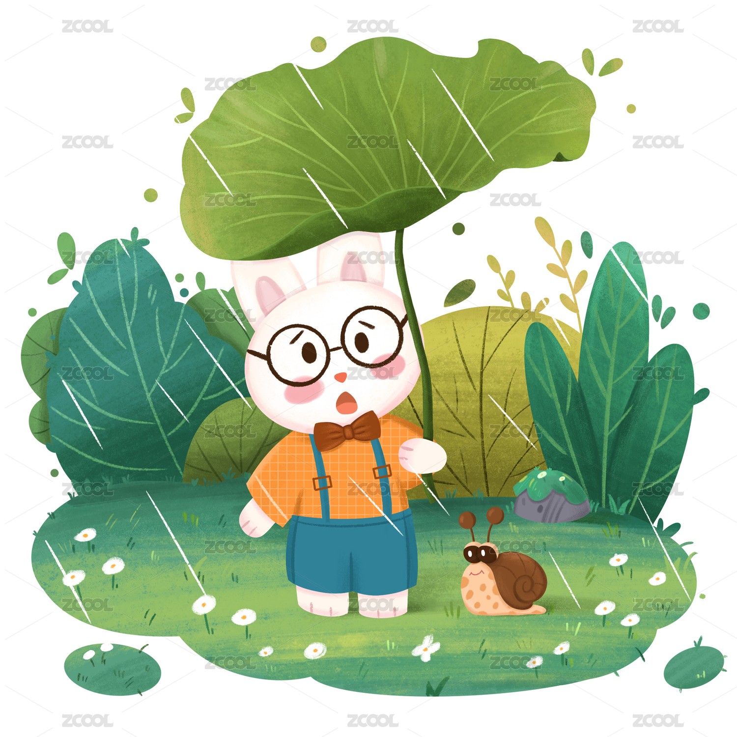 卡通小兔子在雨中用荷叶打伞儿童绘本插画植