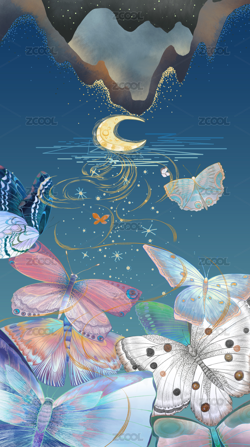 梦幻文艺的蝴蝶飞向月亮湖的艺术插画
