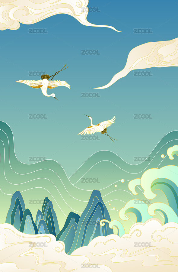 中國風山水云紋與仙鶴（主預覽-2222494） - 未分類 - 站酷設計師七月和笠原創(chuàng)素材 - 站酷ZCOOL