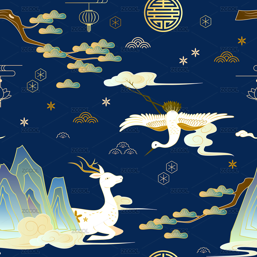 仙鹤与鹿中国风无缝平铺连续插画（主预览-1663436） - 未分类 - 站酷设计师七月和笠原创素材 - 站酷ZCOOL