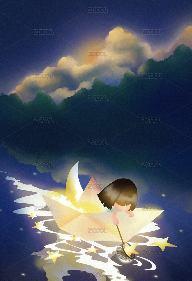 治愈系扁平插画绘本风打捞星月（主预览-6813668） - 未分类 - 站酷设计师我吃可爱泡饭原创素材 - 站酷ZCOOL